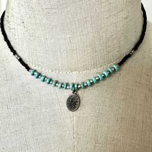 Vintage Virgin Mary blue and black beaded pendant  necklace